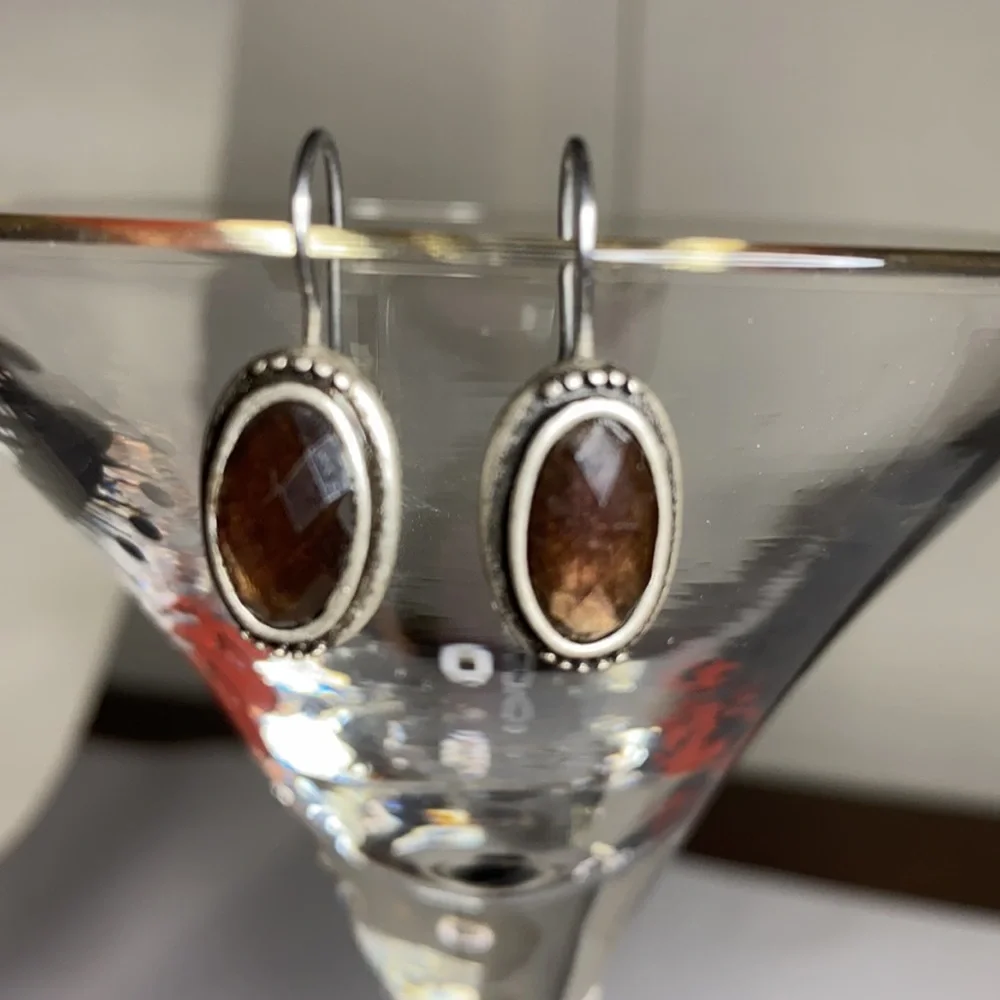 Dainty unusual faceted stone earrings antiqued silvertone